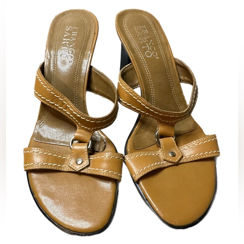 Franco Sarto 6M heels, open toe sandals, light brown or tan